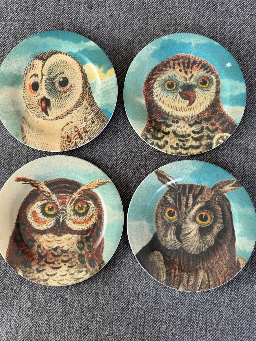 JOHN DERIAN, SET OF 4 MELAMINE, SALAD PLATE, IN DARLING INDIVIDUAL OWL PATTERNS